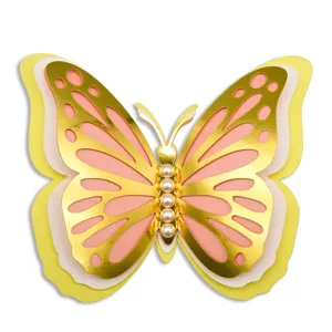 3D layered hollow butterfly wall sticker, gold and pink pearlescent paper decor variant.