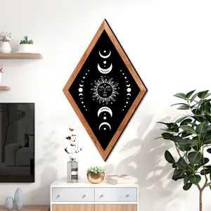 Nordic geometric wooden frame wall art featuring celestial sun and moon for home decor.