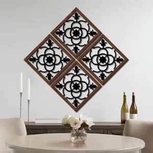 Wooden hollow wall decor 4-piece set, elegant black cut-out design for living room and bedroom.