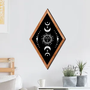 Boho celestial wooden framed wall art diamond shape sun moon decor for living room bedroom