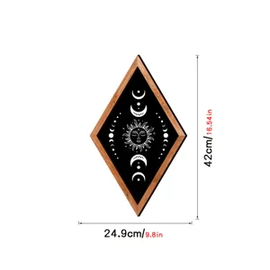 Diamond wooden frame wall art with bohemian celestial sun and moon phase design for home decor.
