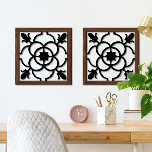 Detailed view of wooden hollow wall art decor hanging in a modern home office desk setting.