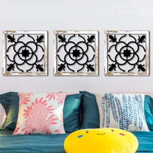 Wooden hollow wall decor set featuring rustic floral patterns for living room and bedroom.
