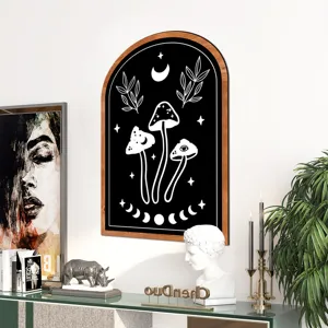 Wooden arched wall art with aesthetic mushroom and moon illustration, modern home decor.