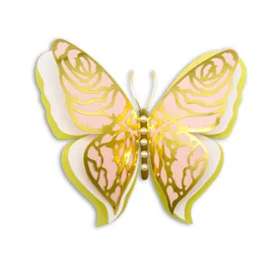 3D hollow butterfly wall sticker, large pearlescent pink and gold decor for wedding party.