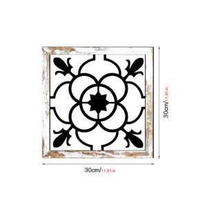 Wooden hollow wall decor with distressed frame and geometric print, square 30cm art piece.