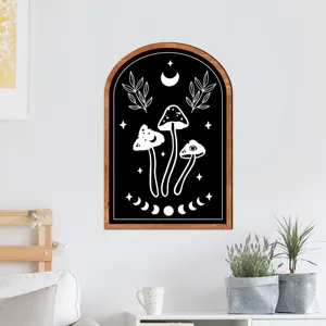 Nordic wooden arched wall art featuring bohemian mystical mushroom and moon phases design.