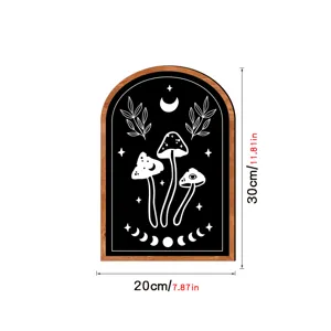 Wooden arched wall art with mystical mushroom and moon design for boho home decor.