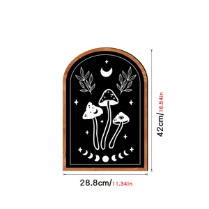 Boho arched wooden wall art with moon and mushroom design, retro decorative plaque.