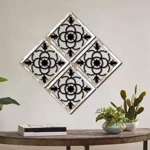 Wooden hollow wall decor with vintage wood grain finish and black geometric pattern 4-piece set.