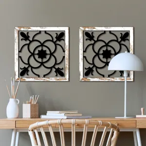Rustic wooden wall art decor set, square carved hanging panels for living room and bedroom.