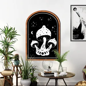 Nordic wooden framed wall art with celestial mushroom design, ideal for home decor.