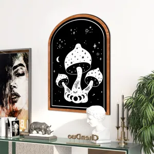 Nordic wooden framed arched wall art with mystical mushroom pattern, ideal detail view for living room.