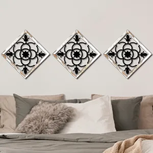 Wooden Hollow Carved Diamond Wall Art Set 3pcs Vintage Home Decor for Bedroom Living Room Mural