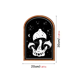 Bohemian celestial mushroom wooden wall art, arched black and white decorative painting 20x30cm