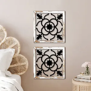Wooden hollowed wall art set, vintage distressed white frame with black floral pattern, detailed scene.