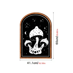 Arch wooden wall art detail showing celestial mushroom design with precise dimensions.