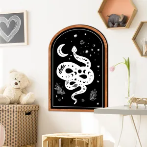 Decorative wooden framed wall art with mystical snake moon design for bohemian room decor