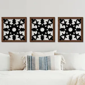Set of 3 wooden wall art panels, black hollow floral carved decor for bedroom living room.