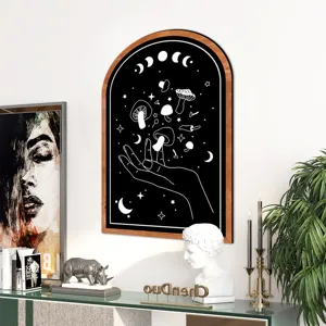 Nordic wooden framed wall art with mystic mushroom and moon phase design for modern living room decor.