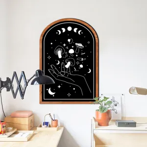 Nordic wooden frame wall art with boho moon mushroom design for cozy living room bedroom decor.