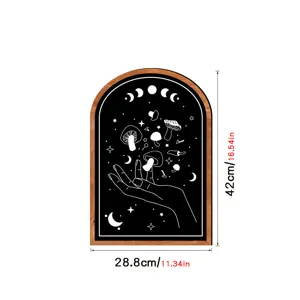 Wooden framed wall art with celestial mushroom design, minimalist Nordic bohemian home decor 28x42cm