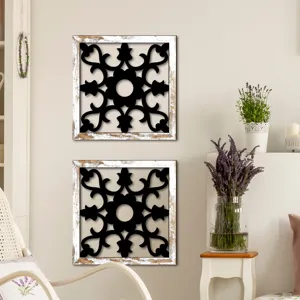 Set of two wooden carved wall panels, rustic white frame, black hollow decor detail.