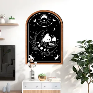 Wooden arched wall art boho celestial mushroom painting nordic home decor for living room