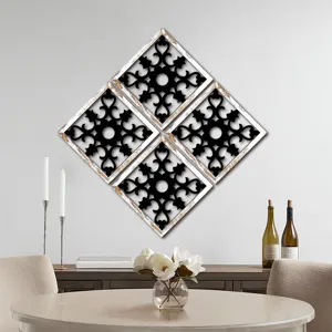 Wooden wall decor set of four diamond plaques with vintage finish for living room home.