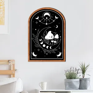 Nordic wooden framed wall art featuring celestial moon phases and mushroom designs for home decor.