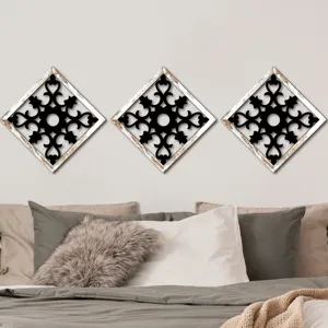 Wooden hollow wall decor set of three diamond shaped vintage rustic art for bedroom living room