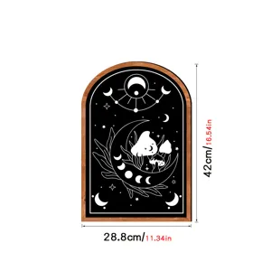 Arched wooden wall art decor featuring celestial moon and mushroom graphic design detail.
