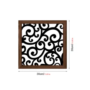 Wooden hollow wall art detail view, square wood grain frame with elegant black swirl pattern.