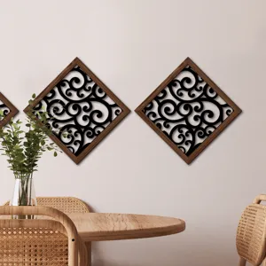 Wooden hollow wall art decor diamond shaped black scroll pattern for living room bedroom home