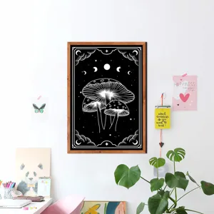 Nordic style black and white mushroom framed wall art detail in modern cozy room setting.