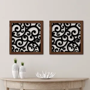 Wooden cutout wall decor detail showing elegant black swirl pattern inside a rustic wood frame.