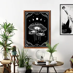 Nordic wooden framed wall art, black and white mystical mushroom celestial home decor painting.