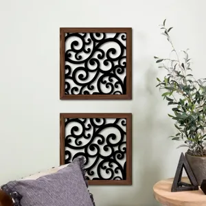 Wooden hollow wall art detail, modern abstract swirl pattern panel for home living room decor.