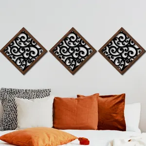 Wooden hollow carved wall decor set, diamond shaped black scroll pattern for bedroom living room.