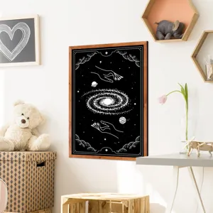 Nordic wooden framed wall art poster with cosmic galaxy and hands design for home decor.