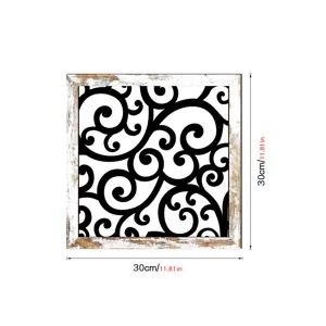 Wooden wall art decor panel with black and white scroll pattern square home decor 30cm