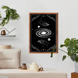 Nordic wooden framed wall art with celestial galaxy and hand design for living room decor.