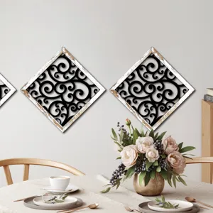 Wooden hollow wall decor scene detail, diamond scrollwork design, vintage white frame.