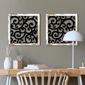 Wooden hollow UV printed wall art set, vintage white frame black abstract scroll home decor.
