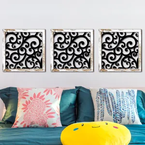 Detailed view of wooden hollow UV printed wall decor set, perfect for modern home living room.