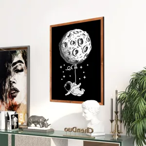 Nordic Wooden Framed Wall Art Black and White Moon Astronaut Canvas Painting Home Decor