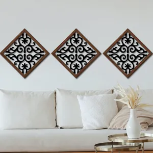 Wooden diamond hollow wall art set, modern carved home decor mural for living room and bedroom.