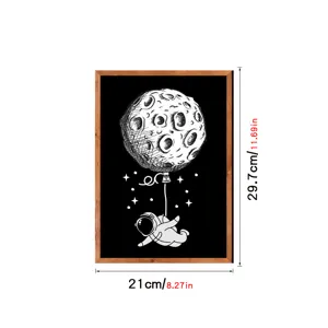 Nordic astronaut moon wall art with wooden frame minimalist black and white hanging painting