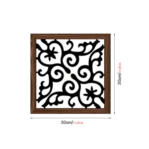 Wooden hollow wall art panel with carved black scroll pattern, square wood grain decor detail.