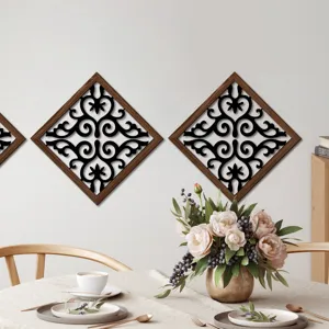 Wooden hollow wall art panel with diamond wood grain frame for living room bedroom home decor